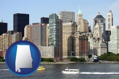 alabama map icon and a New York City ferry and water taxi on the Hudson River