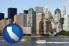 california map icon and a New York City ferry and water taxi on the Hudson River