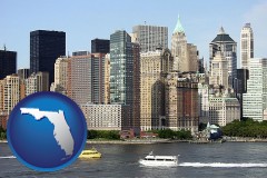 florida map icon and a New York City ferry and water taxi on the Hudson River