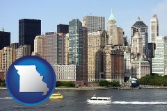 missouri map icon and a New York City ferry and water taxi on the Hudson River