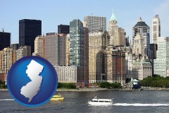 new-jersey map icon and a New York City ferry and water taxi on the Hudson River