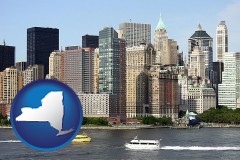 new-york map icon and a New York City ferry and water taxi on the Hudson River