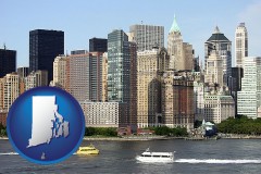 rhode-island map icon and a New York City ferry and water taxi on the Hudson River