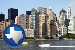texas map icon and a New York City ferry and water taxi on the Hudson River