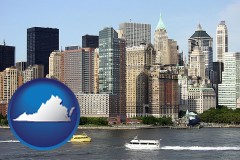 virginia map icon and a New York City ferry and water taxi on the Hudson River