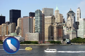 a New York City ferry and water taxi on the Hudson River - with California icon