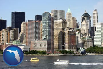 a New York City ferry and water taxi on the Hudson River - with Florida icon