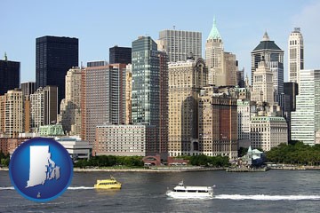 a New York City ferry and water taxi on the Hudson River - with Rhode Island icon