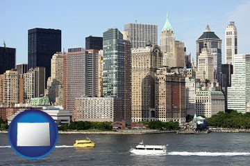 a New York City ferry and water taxi on the Hudson River - with Colorado icon