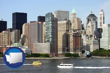 a New York City ferry and water taxi on the Hudson River - with Washington icon